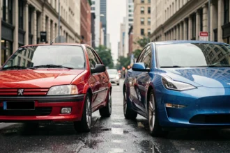 Peugeot 205 GTI rouge classique face à une hatchback électrique moderne sur une rue urbaine mouillée, contraste entre design vintage et contemporain