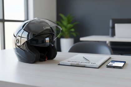 un contrat d'assurance et un casque de moto sur une table