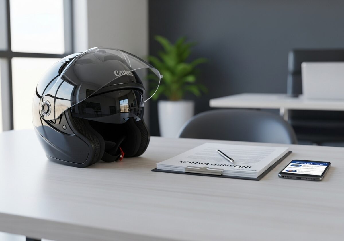 un contrat d'assurance et un casque de moto sur une table