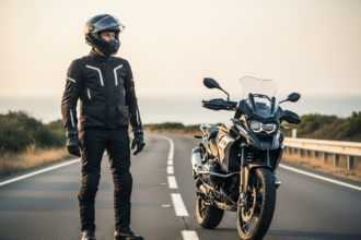 un motard et sa moto sur une route déserte