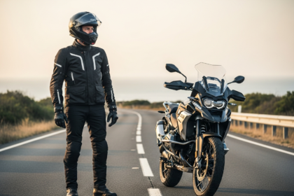 un motard et sa moto sur une route déserte