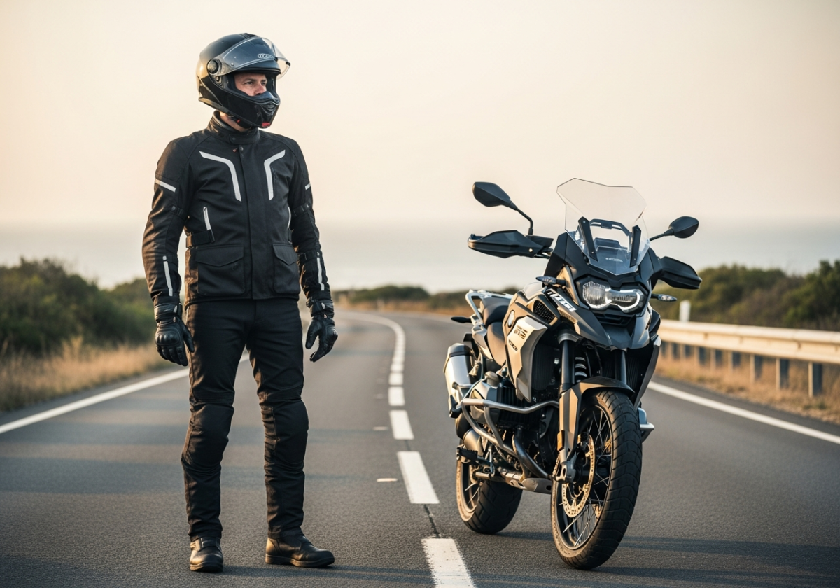 un motard et sa moto sur une route déserte