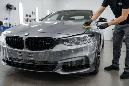 Film de protection appliqué sur un véhicule en cours de detailing