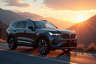 SUV diesel moderne sur route de montagne au lever du soleil