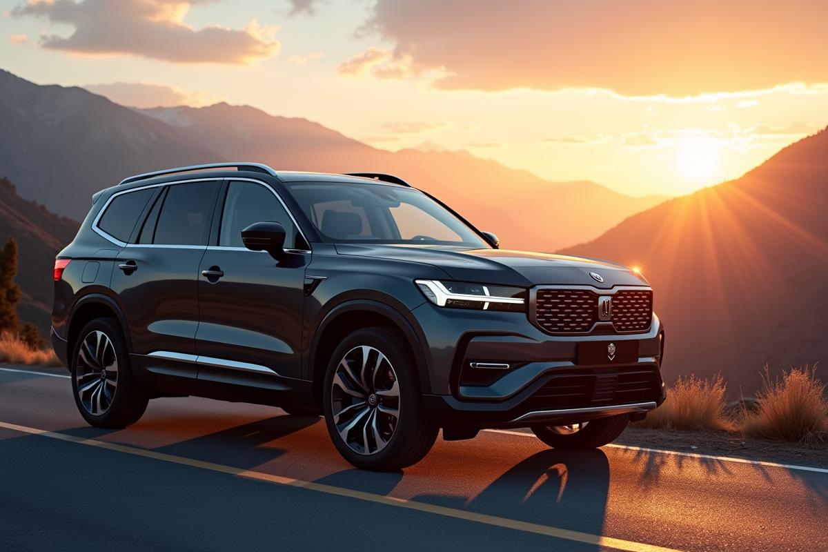 SUV diesel moderne sur route de montagne au lever du soleil