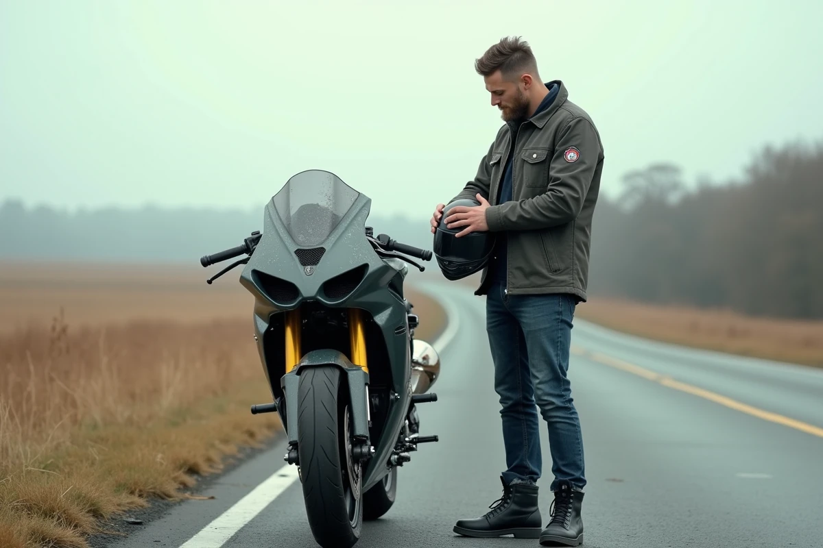 Jeune motard dépité devant sa moto endommagée sur le bord de la route après une erreur de conduite