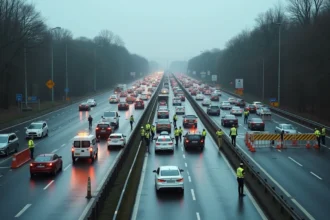 Accident de la route sur le périphérique de Rennes provoquant un embouteillage avec présence de policiers en gilets jaunes