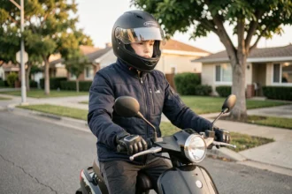 Adolescent de 16 ans équipé d'un casque homologué et d'une veste de protection sur un scooter 50cc en milieu urbain