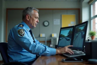 Agent de police vérifiant des photos de radar sur un ordinateur