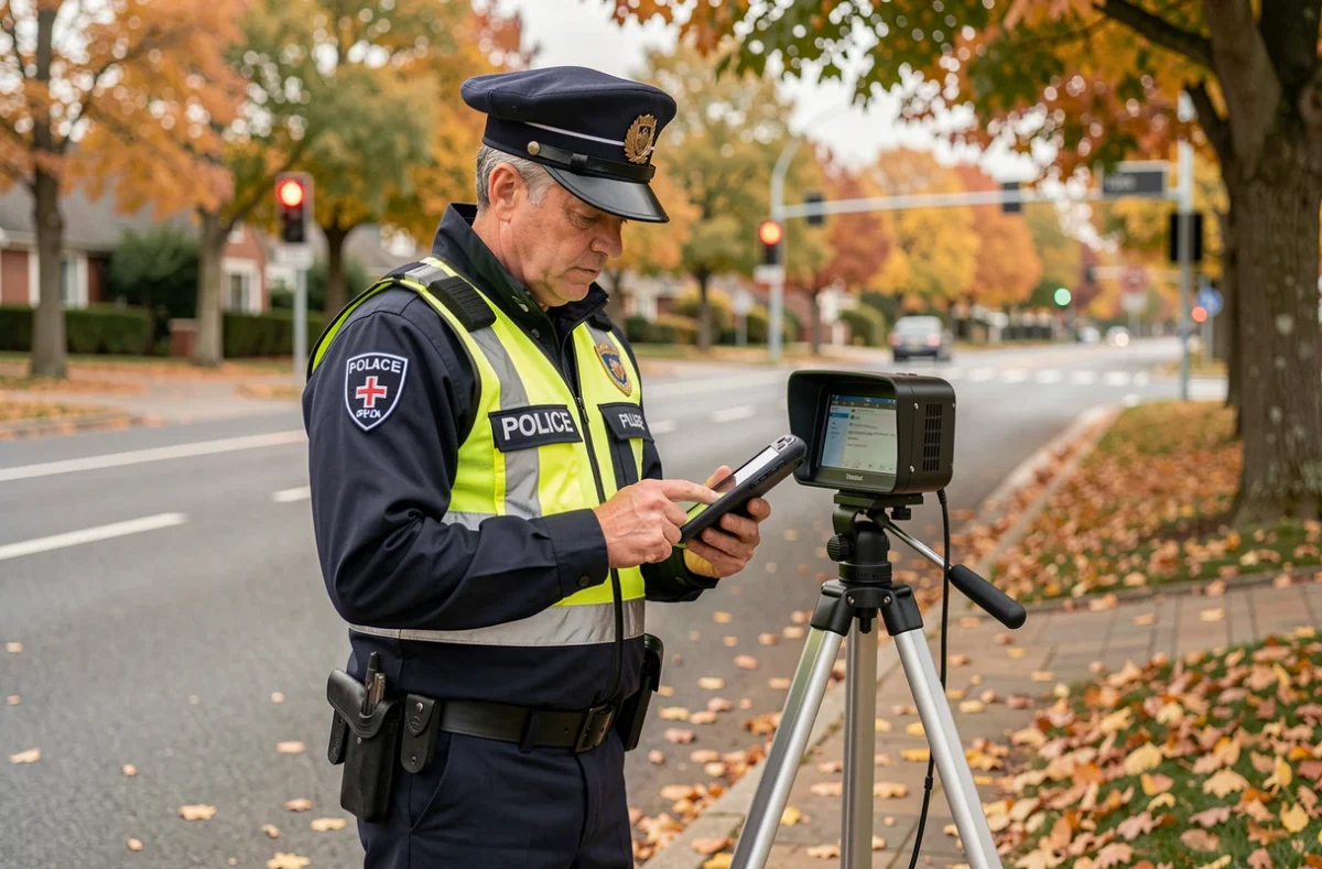 Agent de police contrôlant un radar mobile près d'un feu rouge en zone périurbaine