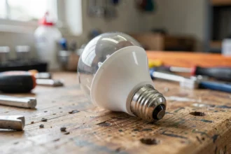 Ampoule P21W LED posée sur un établi d'atelier