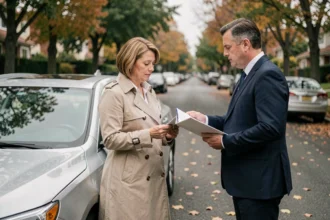 Agent d'assurance remettant des documents à une conductrice près de sa voiture lors d'un constat amiable en zone résidentielle