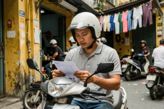 Motard vietnamien consultant son document d'assurance scooter dans une ruelle de Ho Chi Minh City