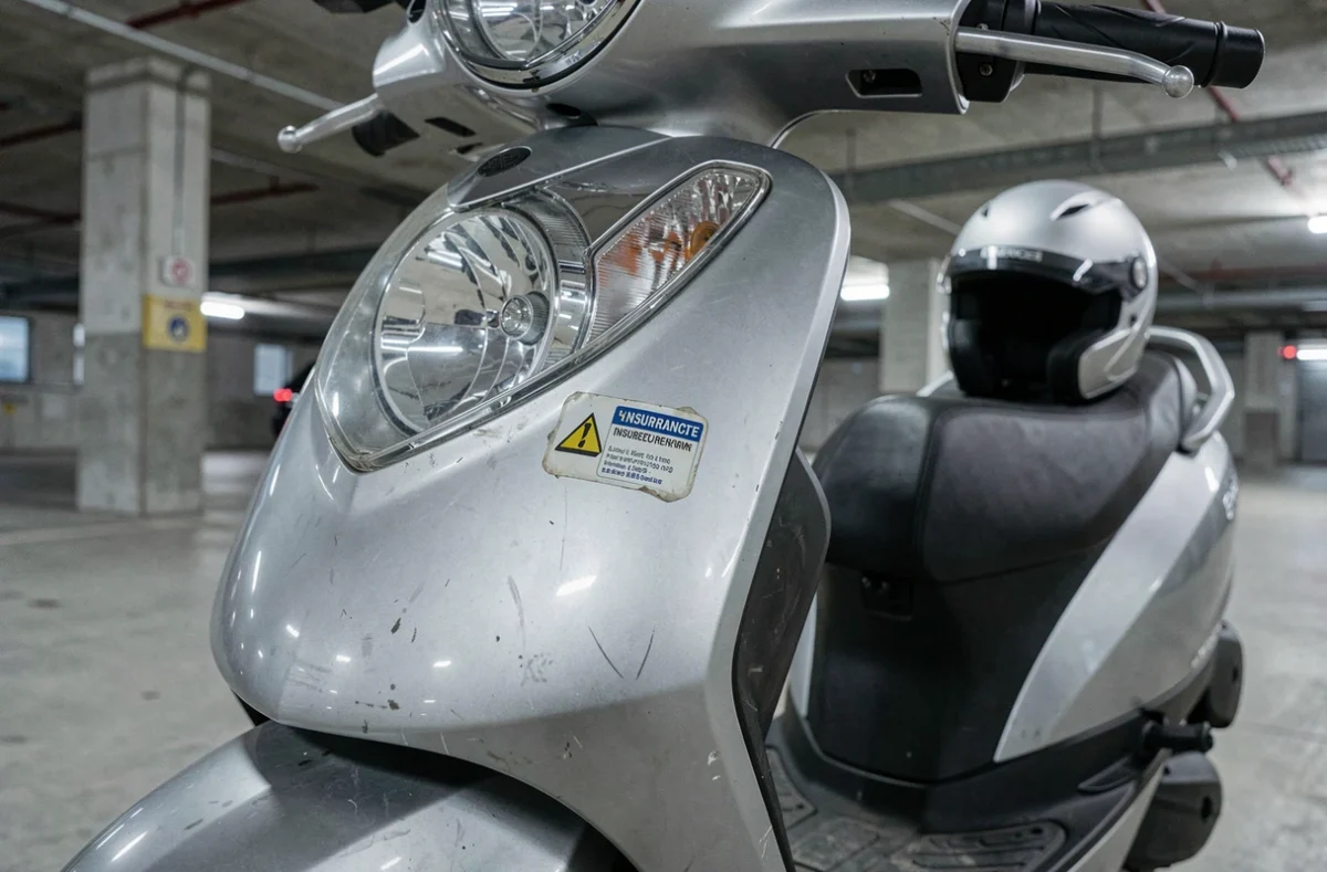 Gros plan sur l'autocollant d'assurance d'un scooter 125cc garé dans un parking souterrain, symbolisant l'importance d'une couverture valide