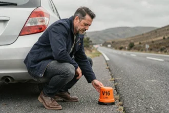 Homme installant une balise lumineuse V16 homologuée derrière sa voiture arrêtée sur le bord d'une route nationale lors d'un long trajet