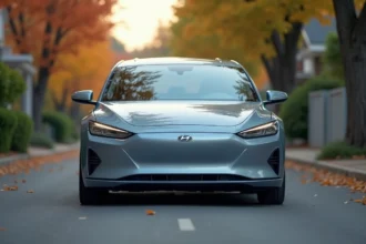 Berline hybride compacte garée dans une rue résidentielle, vue trois quarts avant sur carrosserie métallique bleue