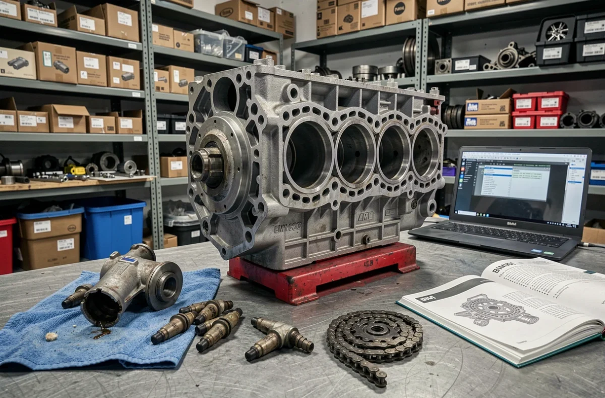 Bloc moteur BMW M47 démonté sur stand avec pièces d'usure et kit de chaîne de distribution