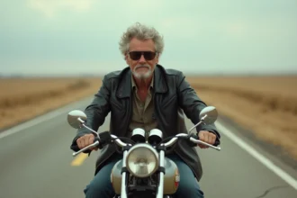 Un homme aux cheveux argentés bouclés en veste de cuir noir sur une moto Triumph vintage sur une route américaine évoquant Bob Dylan