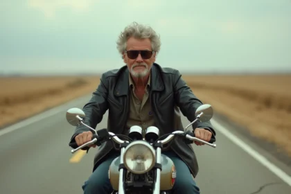 Un homme aux cheveux argentés bouclés en veste de cuir noir sur une moto Triumph vintage sur une route américaine évoquant Bob Dylan