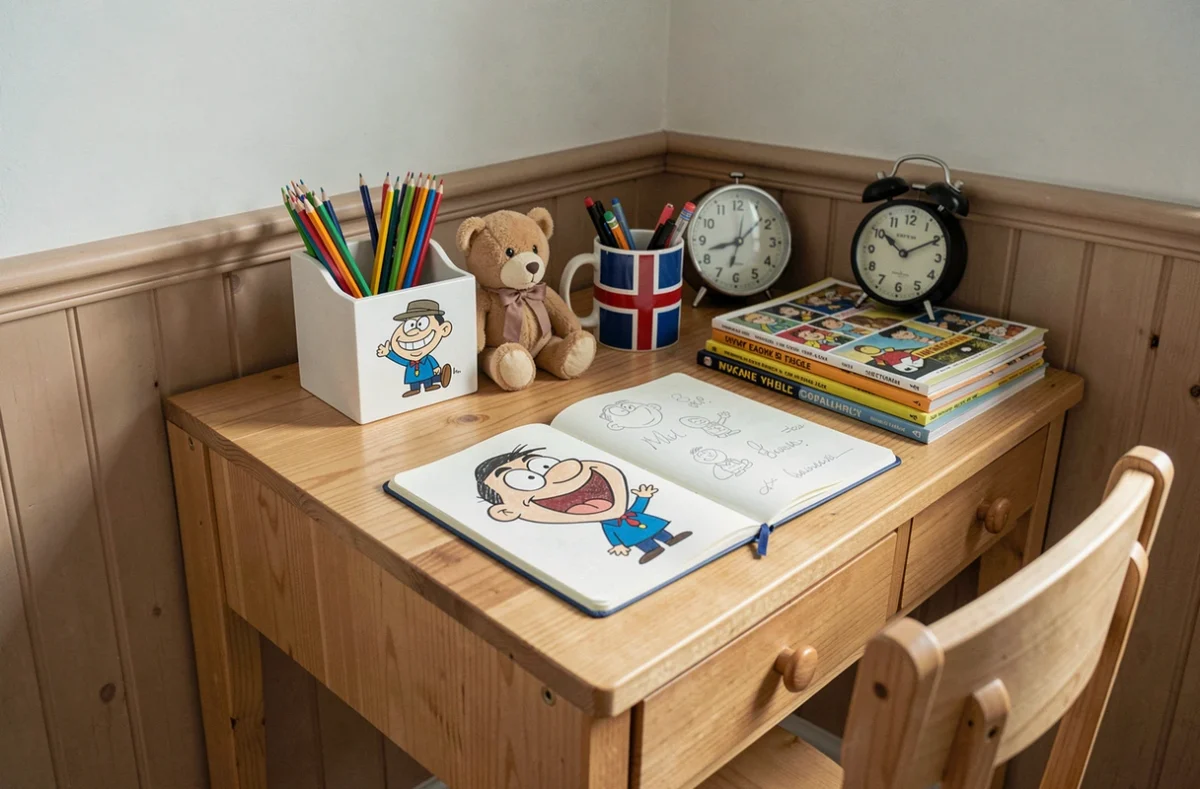 Bureau enfant décoré sur le thème de Mr. Bean avec peluche Teddy, carnet de croquis et accessoires britanniques