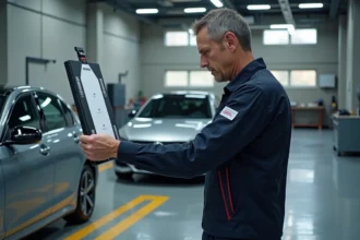 Technicien automobile effectuant une calibration ADAS avec un panneau cible devant une berline moderne dans un atelier professionnel