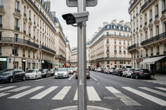 Caméra de contrôle feu rouge installée sur un poteau métallique à une intersection urbaine en France