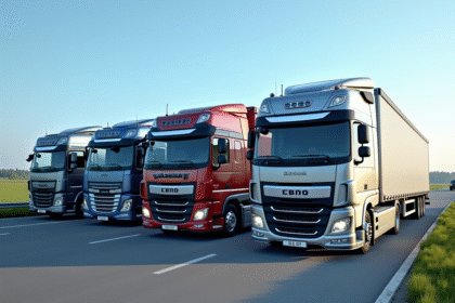 Ligne de camions européens modernes garés en plein jour