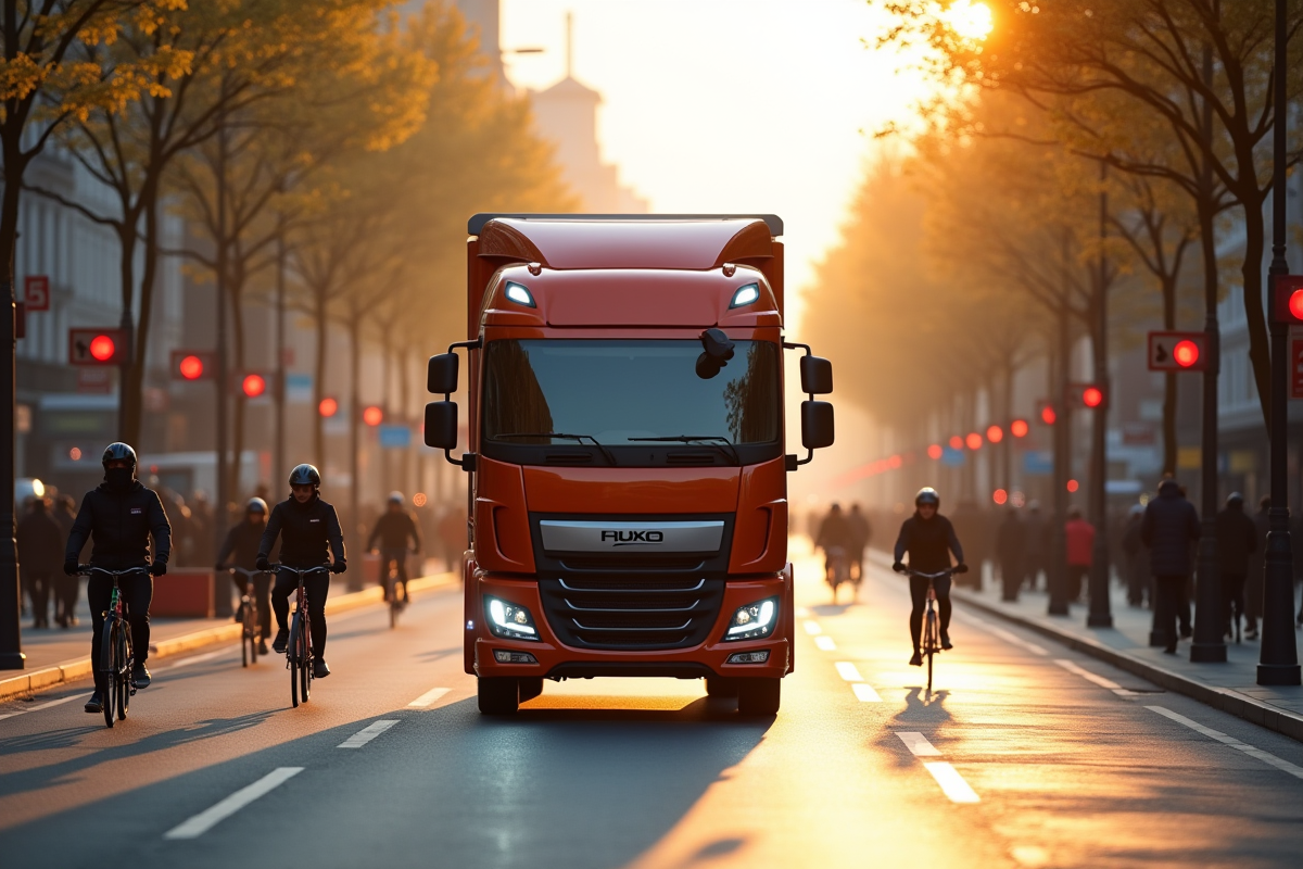 Camion de livraison européen en ville au matin en mouvement