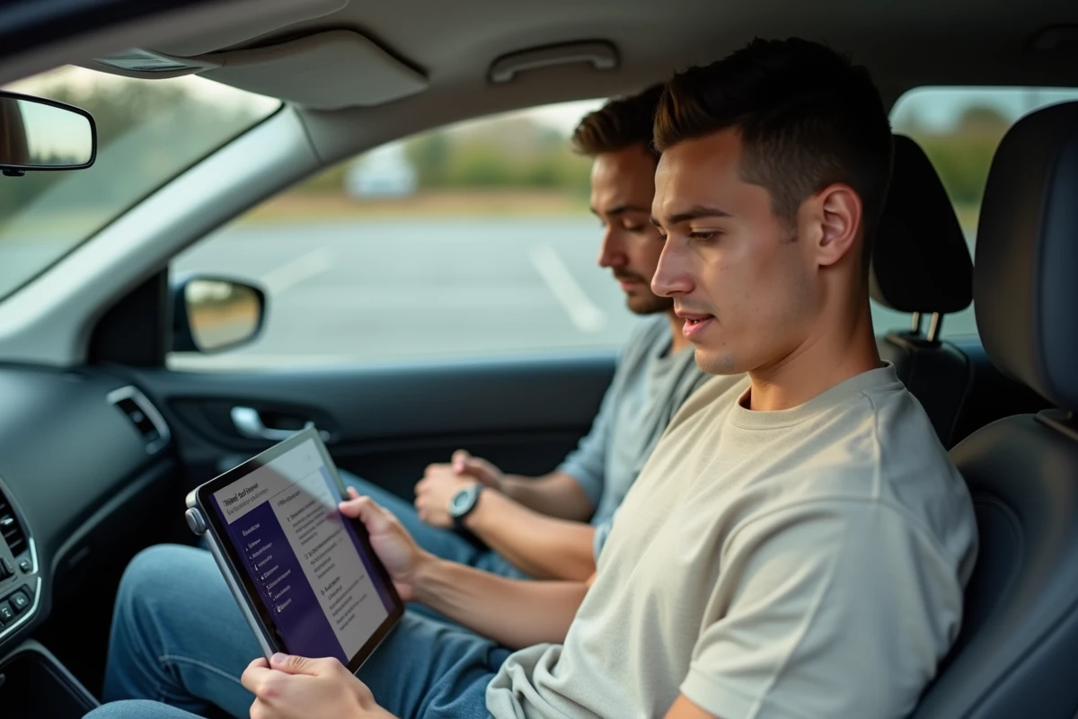 Candidat au permis de conduire consultant une tablette avec un moniteur auto-école dans un véhicule