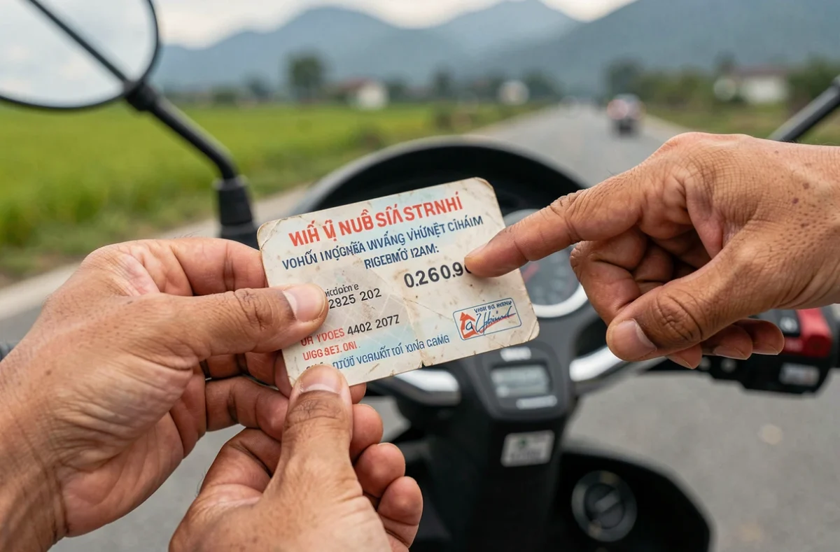 Gros plan sur une carte d'assurance scooter vietnamienne tenue à la main avec un paysage rural en arrière-plan