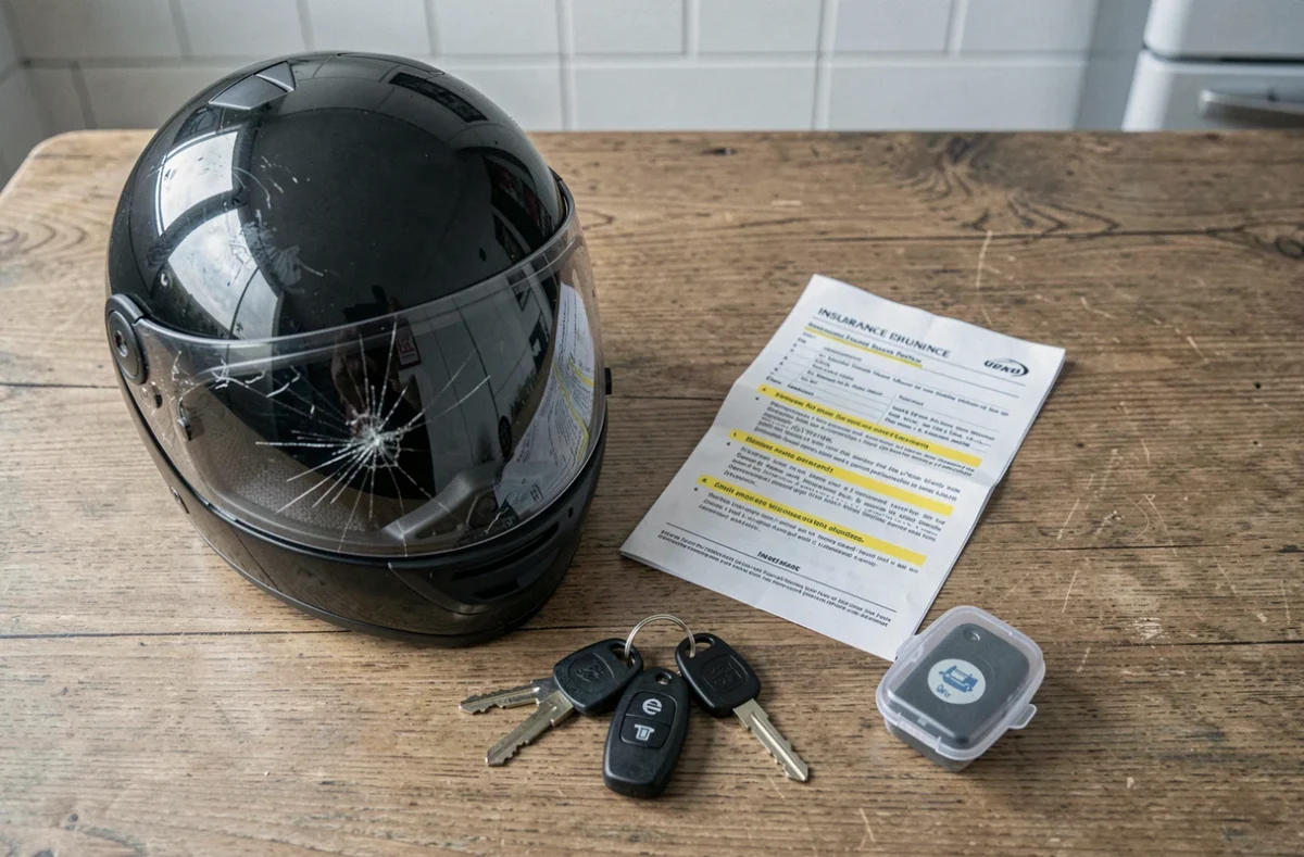 Casque de scooter 50cc, éthylotest et contrat d'assurance posés sur une table, illustrant les conséquences de l'alcoolémie