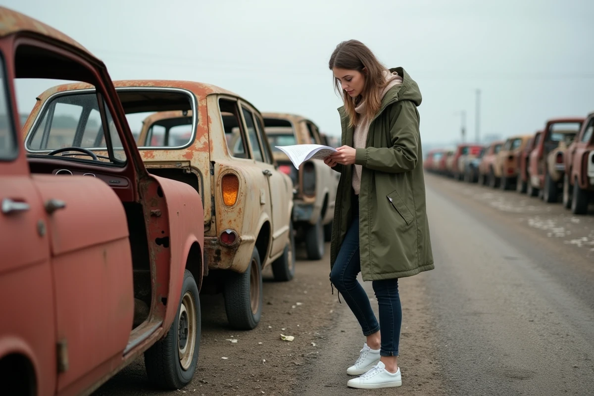 Femme cherchant des pièces détachées LADA dans une casse automobile française à ciel ouvert