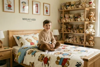 Enfant assis sur un lit décoré sur le thème de Mr. Bean avec couette à imprimés et peluches Teddy dans une chambre cosy