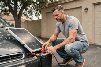 Homme connectant un panneau solaire portable à la batterie d'une voiture dans une allée résidentielle