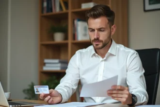 Chauffeur VTC professionnel examinant sa carte VTC et ses documents d'équivalence à son bureau à domicile
