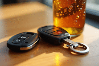 Clé de voiture et bouteille de bière sur table en bois