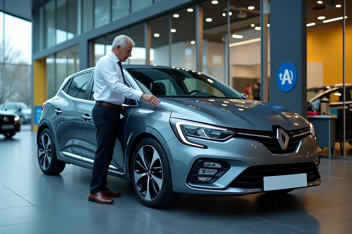 Vendeur de concession expliquant le malus écologique d'une Renault Clio à un client