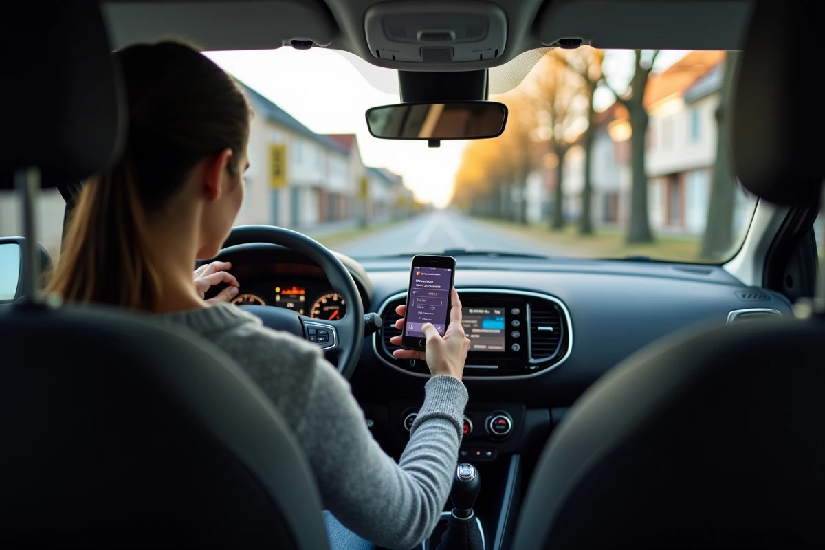 Femme dans une Renault Clio consultant une simulation de malus écologique sur smartphone