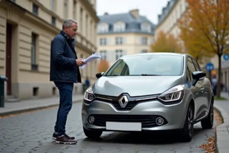 Homme examinant des documents de malus écologique à côté d'une Renault Clio garée en ville