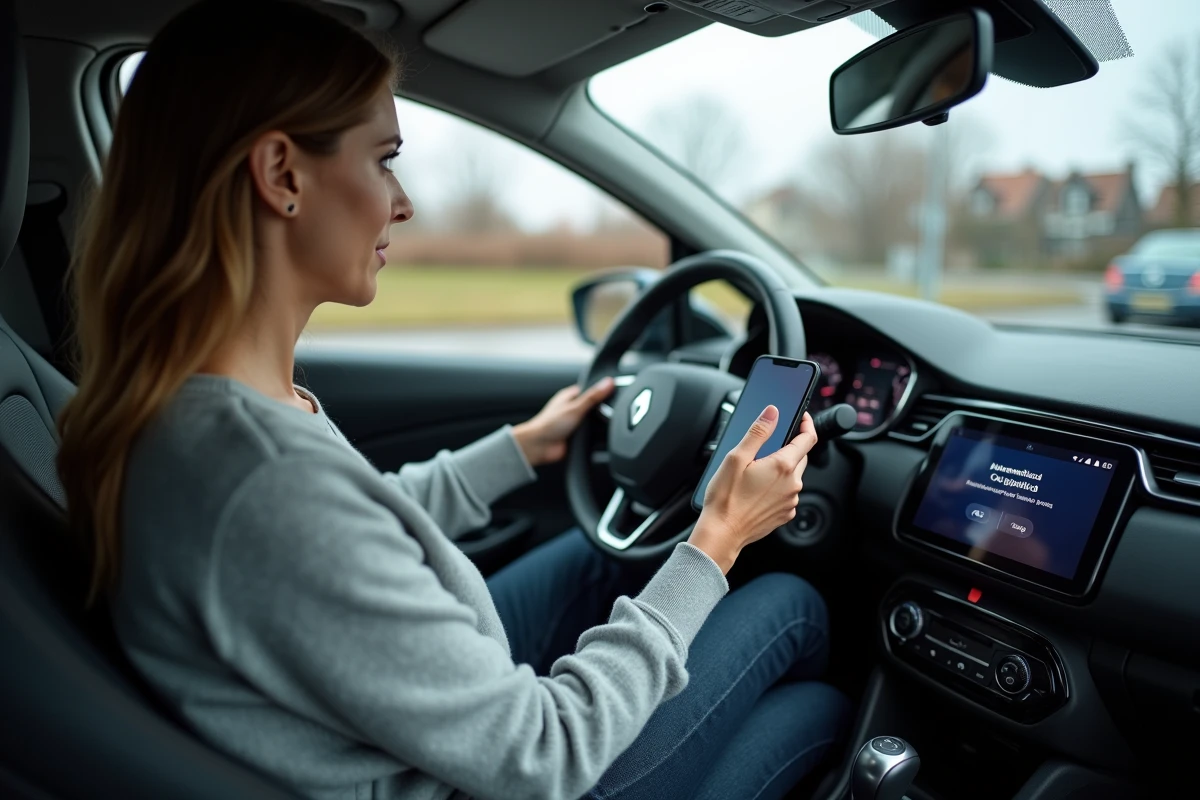 Femme face à un message d'authentification sur le tableau de bord d'une Renault Clio 4 après changement de batterie
