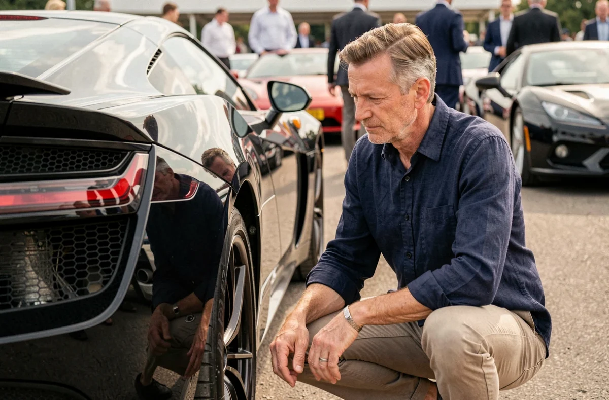 Collectionneur masculin examinant attentivement la carrosserie d'une Honda NSX noire lors d'une vente aux enchères de voitures de sport de collection, illustrant l'évaluation de la cote d'une NSX sur le marché