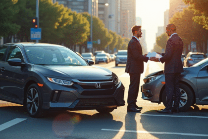 Deux voitures après une petite collision en ville avec échange de documents