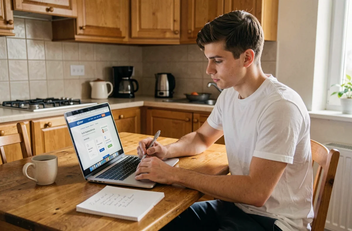 Jeune homme malussé comparant des offres d'assurance auto sur ordinateur à la maison
