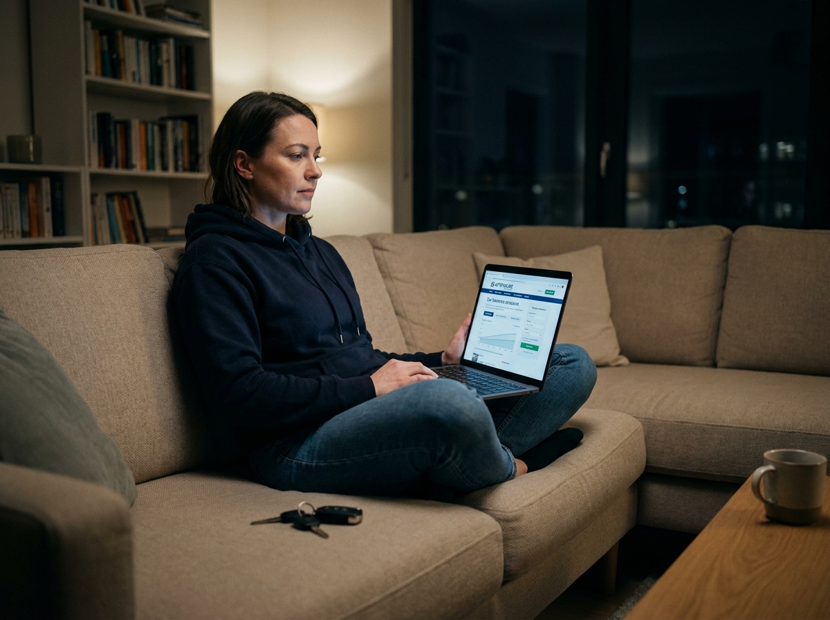 Femme comparant des assurances auto sur ordinateur portable un dimanche soir dans son salon