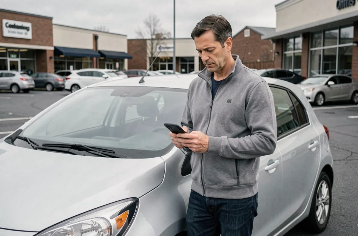 Homme utilisant son smartphone pour comparer des assurances auto pas chères à côté de sa voiture