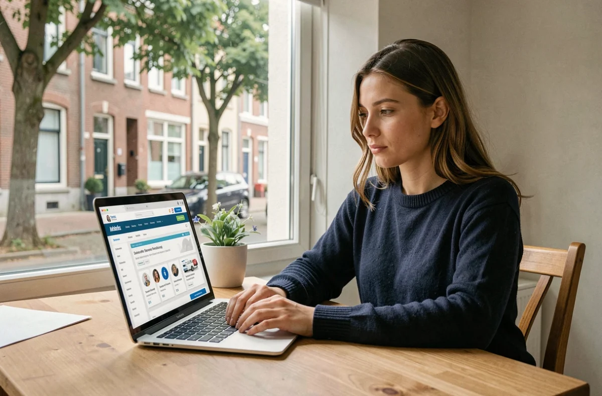 Femme comparant des offres d'assurance moto en ligne depuis son domicile à Amiens
