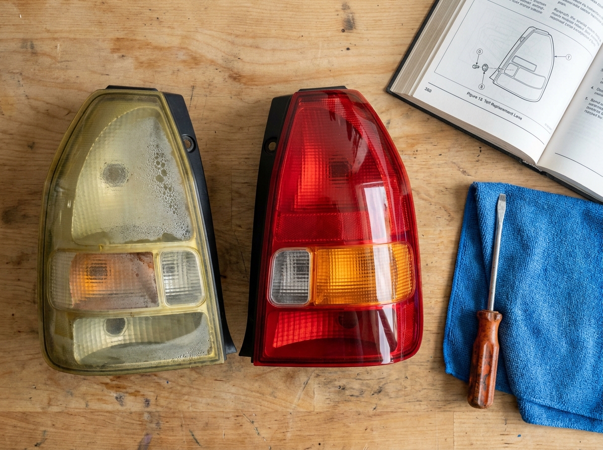 Comparaison entre un ancien feu arrière usé et son remplacement neuf sur un établi d'atelier