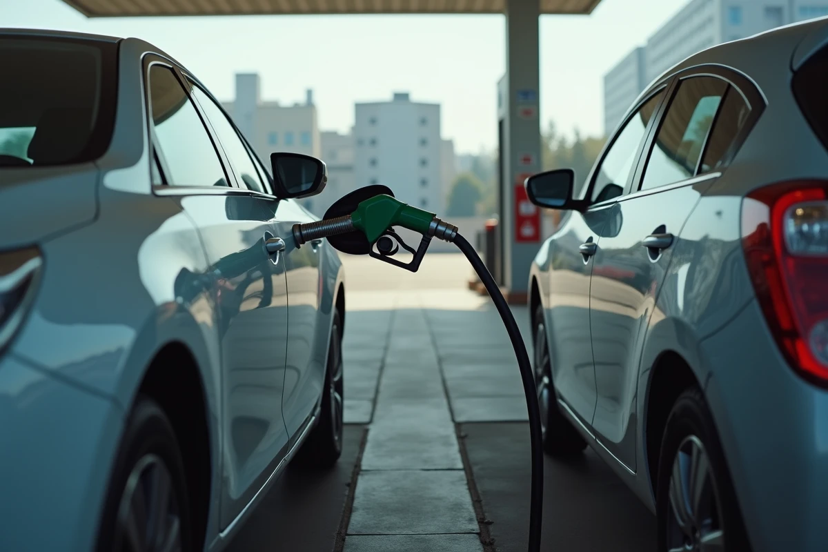 Comparaison à la pompe entre une voiture hybride et un diesel traditionnel dans une station-service urbaine