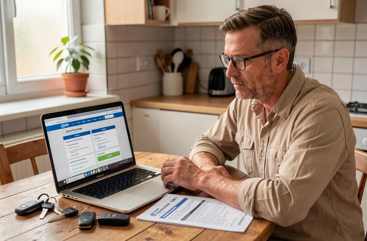 Homme comparant des offres d'assurance scooter 125 sur un ordinateur portable à la maison avec des documents d'assurance imprimés