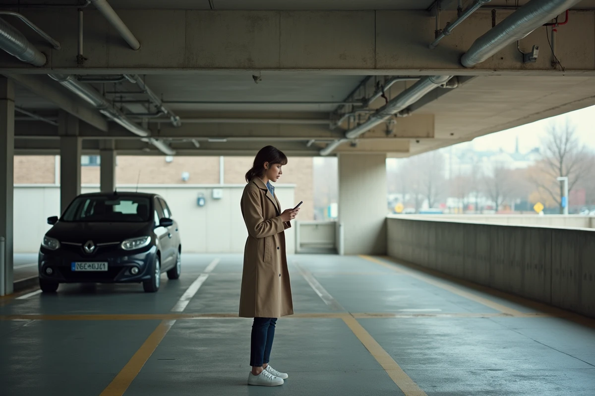 Comparaison entre parking couvert et parking extérieur près d'une gare en France avec une voyageuse